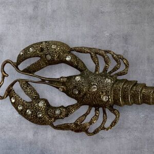 Large Retro Mid century Lobster pin pendant brass Rhinestone Sign 4”